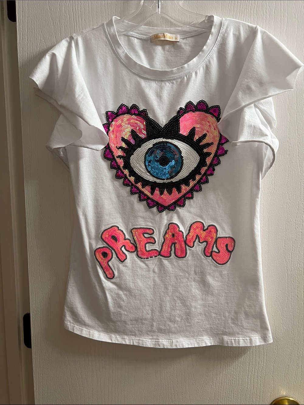Girls' White Sequin 'Dreams' Heart Eye Tee with Flutter Sleeves